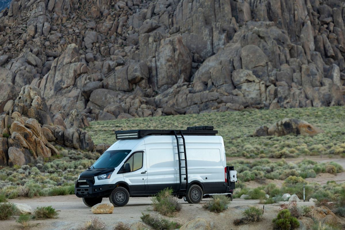 Camper van near rocks